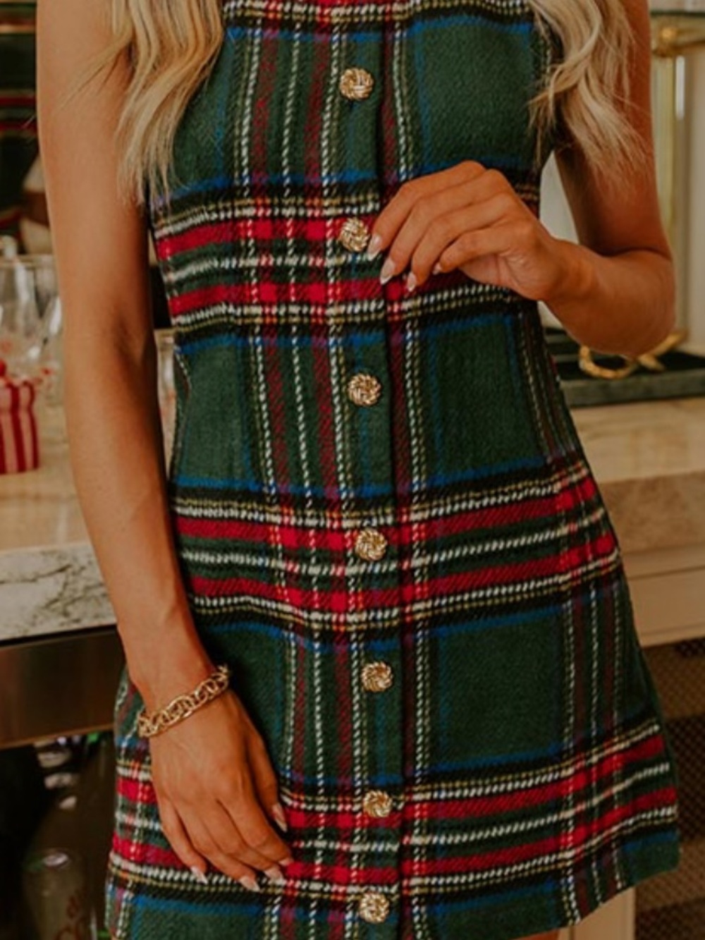 NWT Tartan Plaid Button-Front Mini Dress in Green and Red - Women